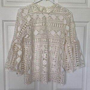Ellison Off White Medium Boho Bell Sleeves Womens Lace Crochet Blouse Top